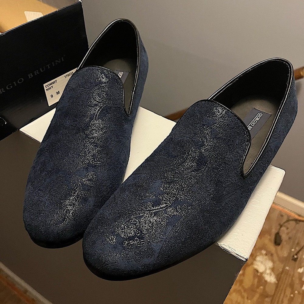 Mens - Giorgio Brutini Velvet Slip-on Loafers - Size 9 - Paisley/Blue & Black